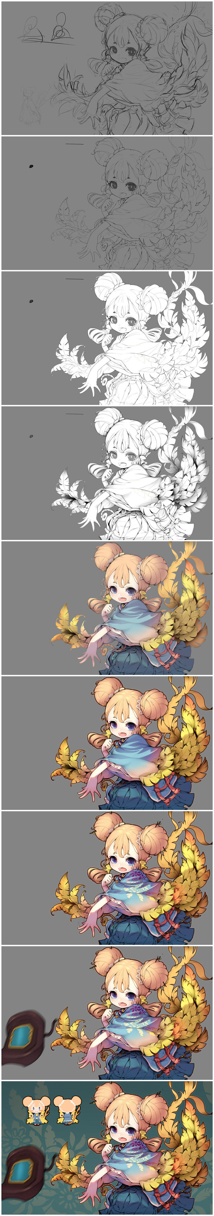 the image shows a series of images, each one building upon the previous one to create a final, detailed and colorful image of a cute anime girl with wings and a flower. the first image is a simple sketch of the girl and her wings. the following images gradually add more detail, color, and shading, until the final image is a fully realized and vibrant illustration.