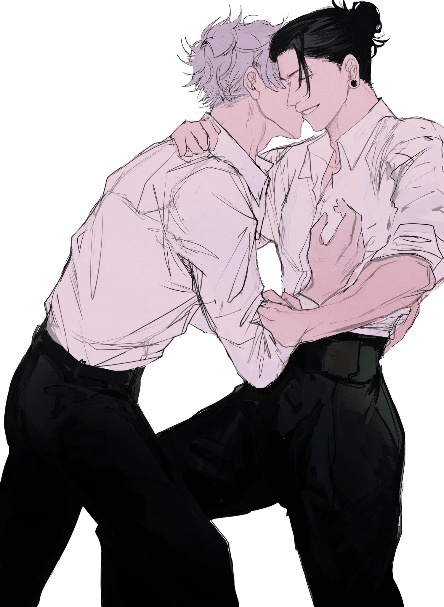 two anime boys are hugging. they both wear white shirts with their sleeves rolled up and black pants. the boy on the left has silver hair and the boy on the right has black hair. they are embracing each other closely with their heads resting together. the boy on the left is wrapping his arms around the boy on the right, while the boy on the right has his hands on the boy on the left's waist. they both look happy and relaxed. the image is drawn in a simple, but beautiful style. it is a heartwarming and romantic illustration.