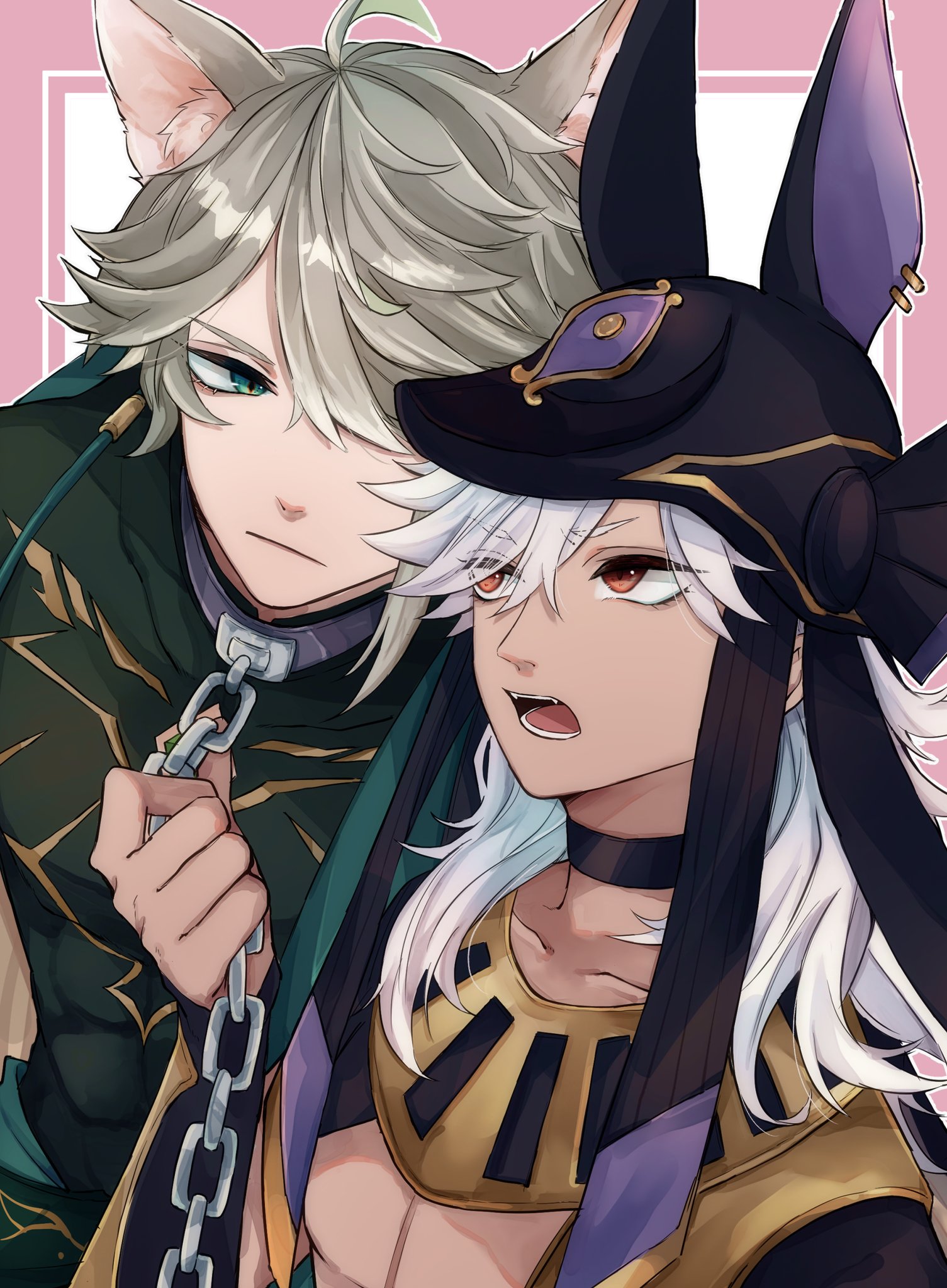 this is a digital illustration of two young anime boys. the boy on the left has white hair with cat ears and is wearing a green outfit with a purple collar and a chain necklace.  he is holding the chain with his right hand.  the boy on the right has white hair and is wearing a black and gold outfit with a black choker and a gold necklace. the boy on the left is looking at the boy on the right with a serious expression. the boy on the right is looking at the viewer with a surprised expression.