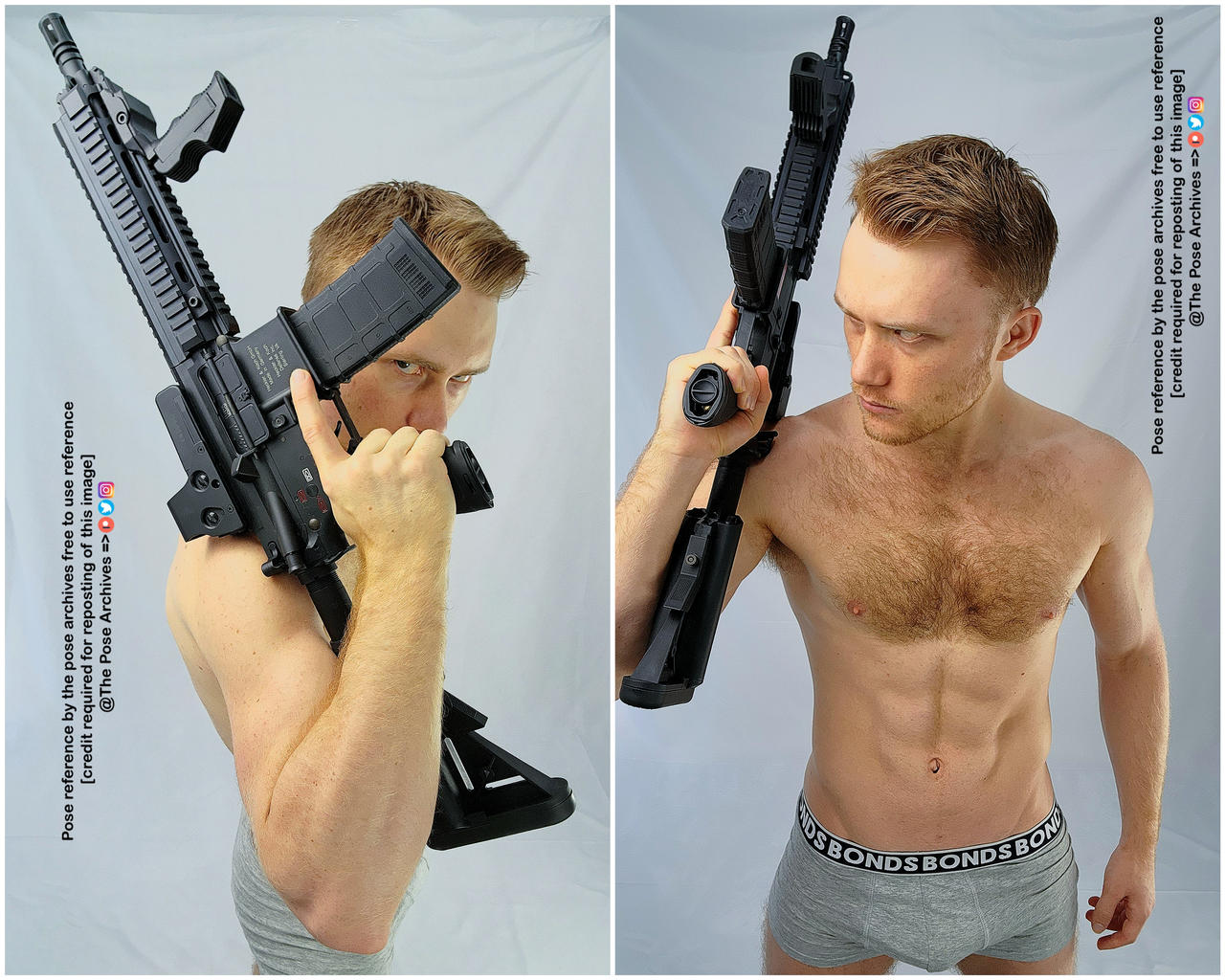 a shirtless caucasian man with short reddishblond hair and a muscular build is depicted in a twopanel image, holding a large black rifle. he is positioned against a plain white background, suggestive of a studio setting. the man's intense gaze and the prominent display of the firearm create a striking and potentially controversial image, prompting considerations of themes like gun safety, responsible ownership, and the ongoing debates surrounding gun control.```