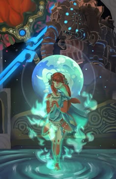 a female character from zelda: breath of the wild, surrounded by blue and green flames, is battling an unseen, dark monster.