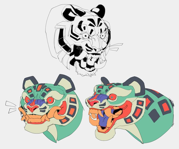the image shows three sketches of tiger heads. the top sketch is a black and white line drawing of a tiger's head with an open mouth, showing its teeth and whiskers. the two sketches below are colored in a stylized, geometric manner, with a teal body, red and purple features, and a jaguarlike pattern of dark squares with red centers on their flanks. one colored tiger head has a closed mouth, while the other has an open mouth, revealing a blue tongue and orange teeth.