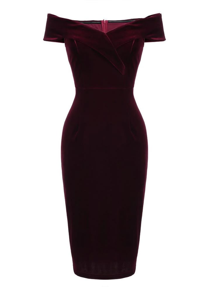 a burgundy velvet midi dress with an offtheshoulder neckline and a sheath silhouette.