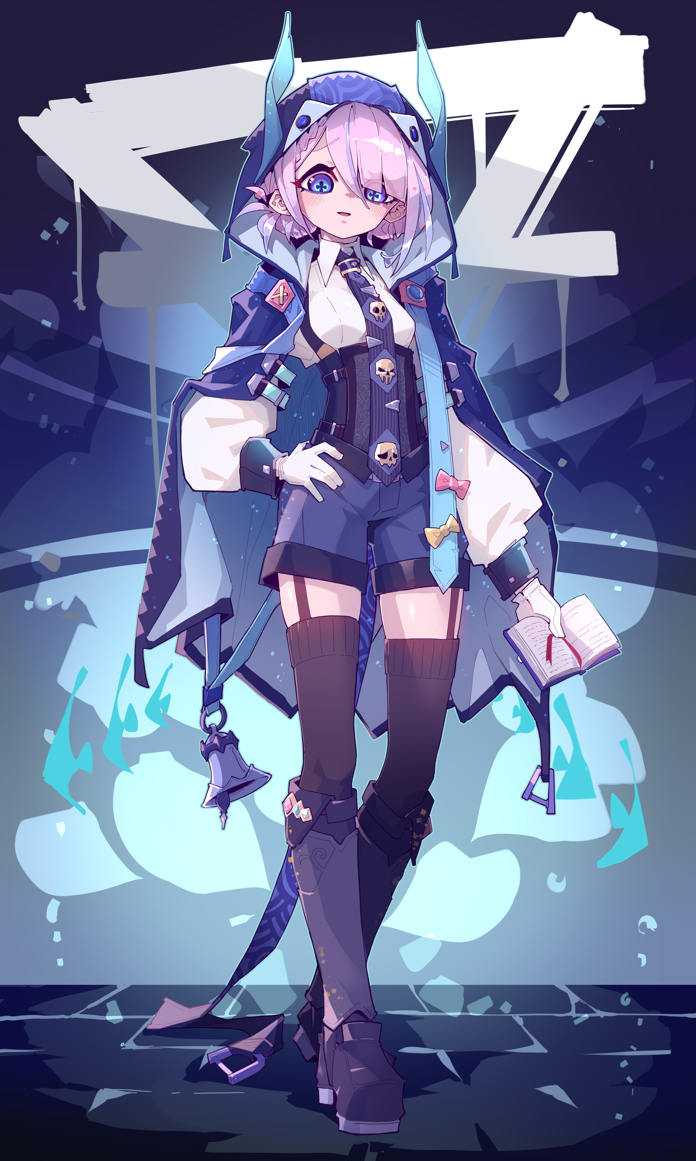 a full body shot of a standing anime girl. she has purple hair and wears a blue hood and cape, a white shirt, blue shorts, black thigh highs and black boots. she holds a book in one hand, and a bell hangs from her cape. there are skull motifs on her clothing and accessories.