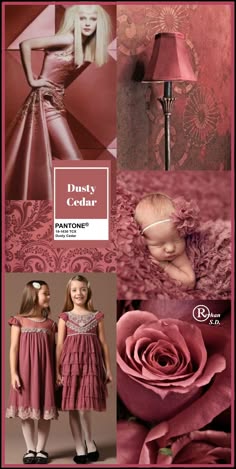 the image is a collage of various images related to the color "dusty rose" or "dusty cedar," which is a soft, muted pink. the color is featured in different contexts, showing its versatility and elegance. the image includes a woman in a dusty rose gown, two young girls in dusty rose dresses, a beautiful dusty rose rose, a dusty rose lampshade, and a dusty rose textured background. the image also includes a pantone color swatch for "dusty cedar," showcasing its popularity as a color trend.  the collage highlights the beauty and elegance of this versatile color.