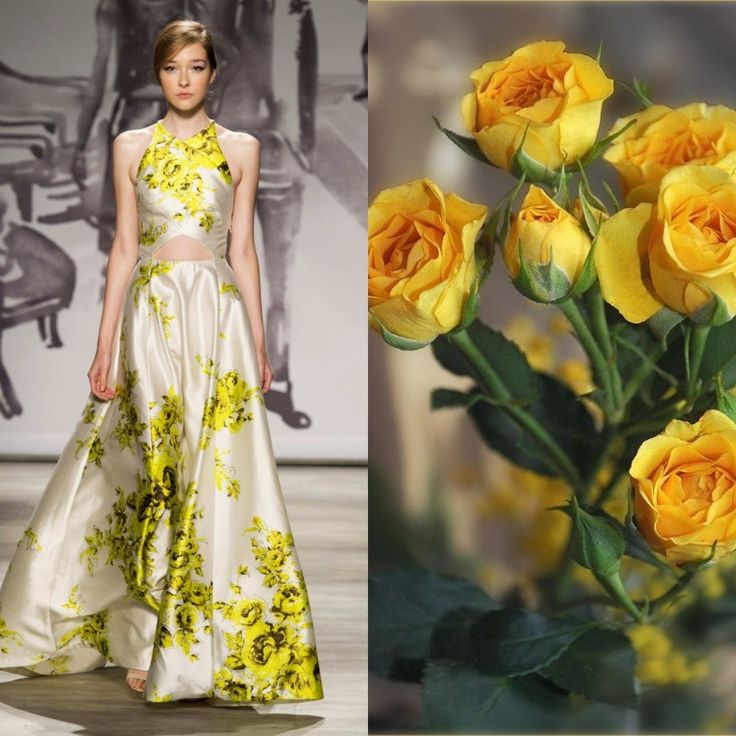 this image features a stunning splitscreen composition. on the left, a model walks down a runway showcasing a white dress adorned with yellow floral patterns.  the dress is a blend of elegance and sophistication, featuring a halter neckline, a fitted bodice, and a flowing skirt. the backdrop is a blurred image, creating a minimalist and modern look.  on the right side, a vibrant bouquet of bright yellow roses takes center stage. the petals of each rose are delicately arranged, showcasing their beauty. the bouquet is carefully composed, with leaves and stems adding to its natural charm. the contrast between the model's graceful pose and the delicate beauty of the roses creates a captivating visual experience. the overall aesthetic is both feminine and eyecatching, capturing the essence of fashion, beauty, and natural elegance.
