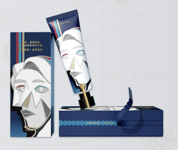 the image showcases a beauty product from the popular game honkai star rail. the hand cream is presented in a sleek blue and gold box with the game's character "los" depicted in a stylized manner. the tube itself features the game's branding and "los" in an artistic design. the cream is highlighted in a contrasting white color against the darker shades, creating a visually appealing contrast. the packaging boasts a premium feel with intricate details and a subtle elegance. overall, the image effectively captures the essence of the game's aesthetic and appeals to fans of honkai star rail.