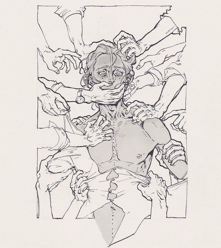 the image is a detailed, black and white line drawing depicting a person seemingly trapped and restrained by numerous hands. the hands encircle the figure, covering their mouth and restricting their movements. the central figure's expression conveys distress and vulnerability. the style is expressive and slightly surreal, utilizing both linework and subtle shading to create a sense of depth and emotion. the overall mood is one of anxiety, oppression, and confinement. the image's style evokes elements of graphic novels or manga.