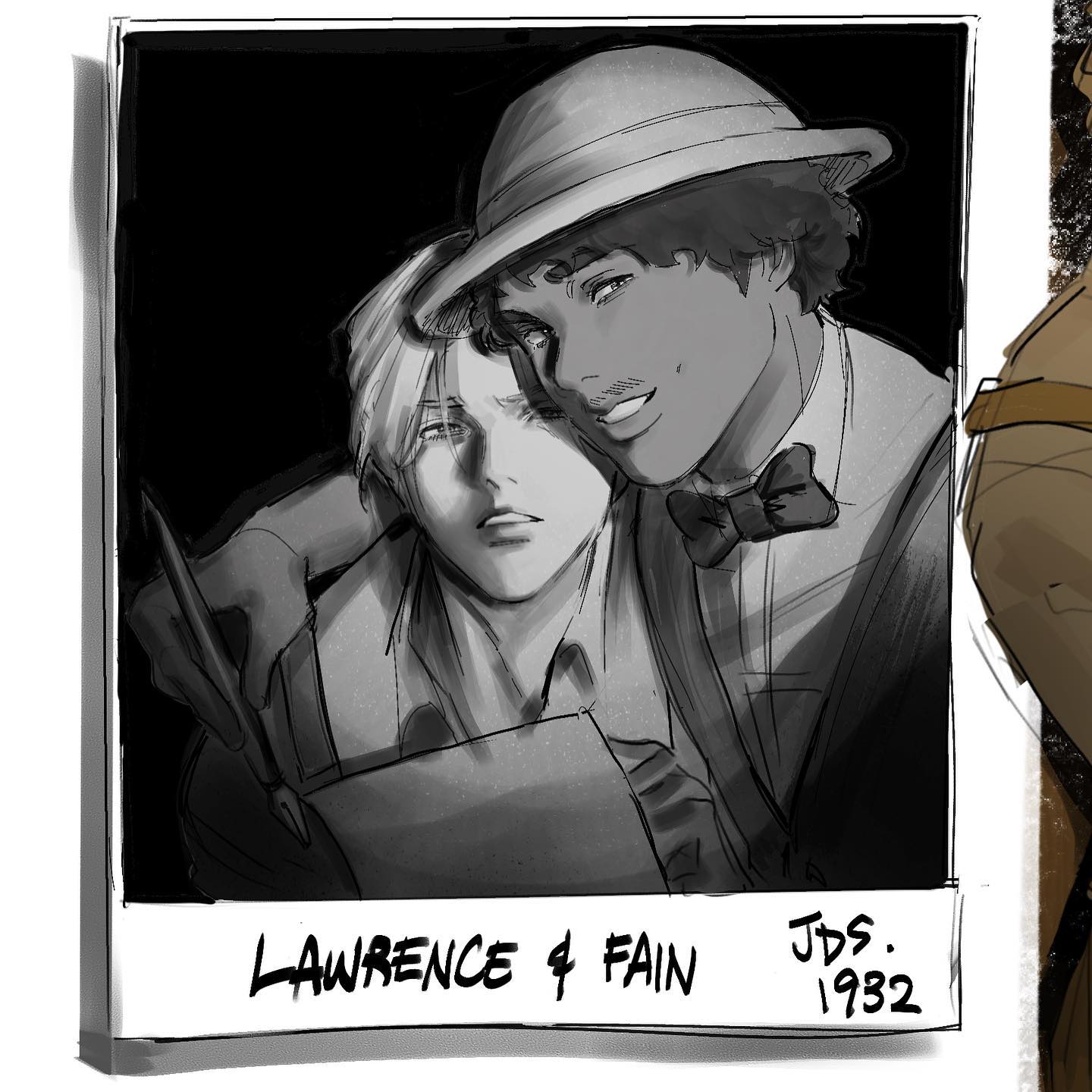 the image is a black and white sketch styled to look like an old photograph, complete with a handwritten caption reading "lawrence & fain 1932". it features two men posed together. one man with lighter hair is seated and appears to be drawing, while the other man with darker hair and a hat leans on his shoulder affectionately. they are both dressed in early 20thcentury attire.