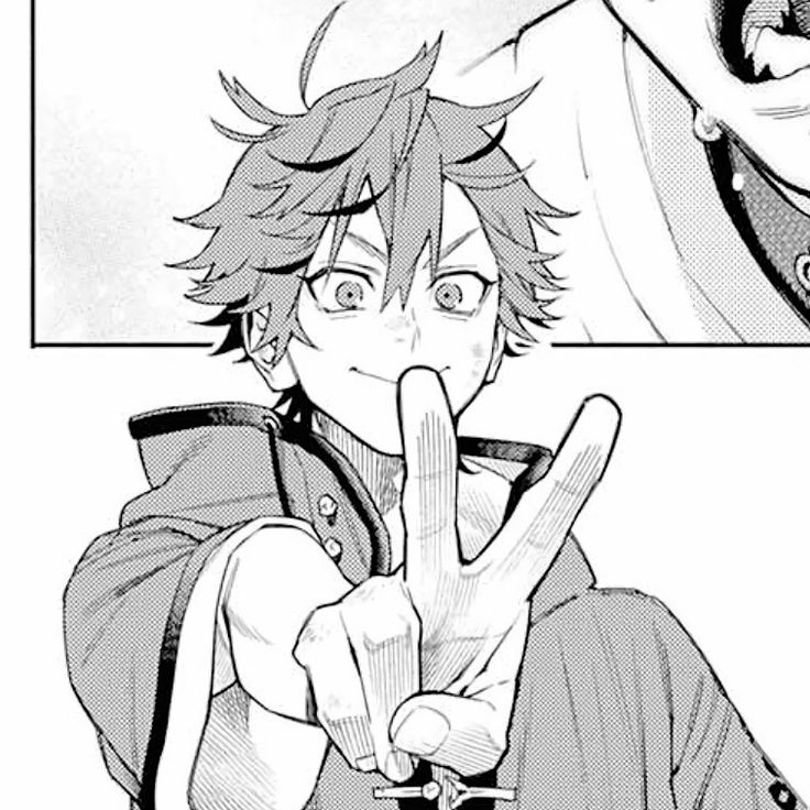 this is a black and white illustration of an anime character. he is a young boy with short, messy hair and a big smile on his face. he is wearing a longsleeved shirt with a high collar. he is giving a peace sign with his fingers.