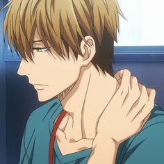 a digital illustration of an anime boy with blond hair and brown eyes. he has a sad expression and is holding his neck with his hand. the background is a simple blue and white.