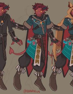 a digital illustration of a tiefling character design with three different outfit options.  the tiefling has red skin and hair, horns, and a tail. they are wearing teal, brown, and gold clothing, with a red cape.