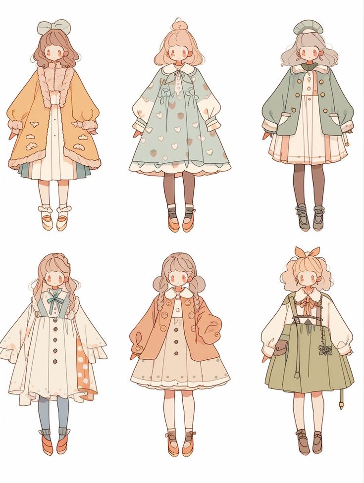 the image showcases six distinct outfit designs for girls, rendered in a charming, handdrawn style. each girl is styled in a cute and whimsical manner, with a focus on dresses, coats, and charming accessories. the color palette leans towards soft pastels and warm tones, contributing to the overall adorable aesthetic.