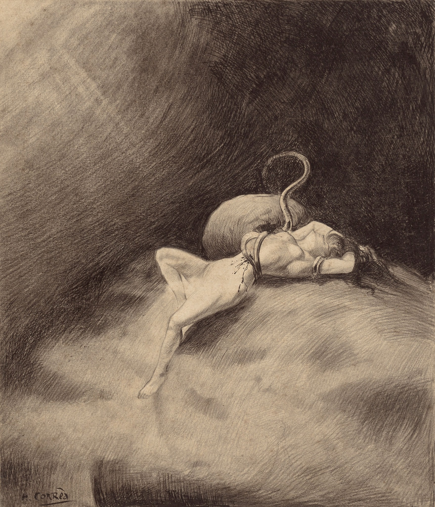 the image depicts a dramatic scene in a dimly lit cave. a lone woman lies captured, her body entwined by the tentacles of a large, shadowy serpentlike creature. the creature's form is largely obscured by darkness, adding to the sense of fear and danger.  a single light source illuminates the woman's terrified face and struggling form, highlighting the desperation of her situation. the rough texture of the cave walls and the creature's scales heighten the overall sense of peril and entrapment.
