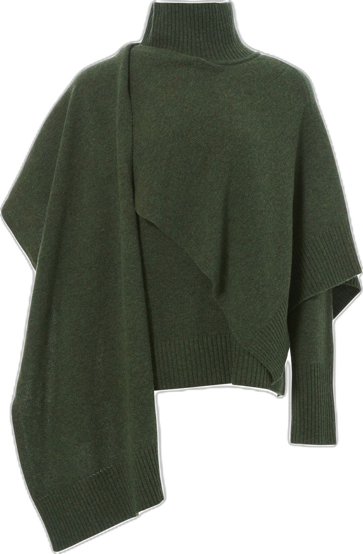 a closeup shot of a women's green turtleneck sweater with an asymmetrical, draped design. the sweater has long sleeves and is made of a soft, knit fabric. the draped front creates a relaxed and cozy feel, while the turtleneck adds a touch of sophistication. the sweater is perfect for layering on chilly days or for a casual yet stylish look.