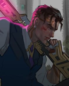 a digital drawing of a male character from possibly a video game or fantasy,  holding a futuristic sword. the character is wearing a suit with a golden detail. he is in a fighting stance and appears slightly injured. the background is a blurry forest. the overall image is a workinprogress.