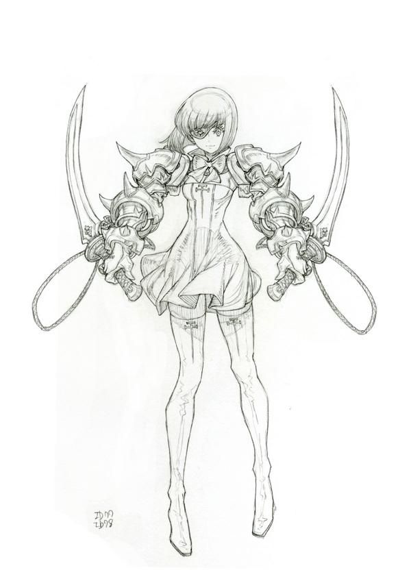 the sketch depicts a female character design, likely for a game or animation. she has a stylized anime aesthetic and wears a short dress with thighhigh stockings, emphasizing her youthful appearance. her attire is juxtaposed with heavy, intricate armor on her arms and shoulders, which seems to have a mechanical or demonic influence. each arm is equipped with a large, curved blade connected by a rope or chain, suggesting a unique fighting style. the pose is dynamic, conveying a sense of action and readiness for battle.