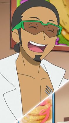 a closeup shot of an anime man with tanned skin, black hair tied back, green sunglasses, a white goatee, a white lab coat draped over his shoulders, and a silver fork tattoo on his chest. he is smiling broadly, with his eyes closed and mouth open. the background is partially visible and features a framed picture with yellow, orange, and pink colors.