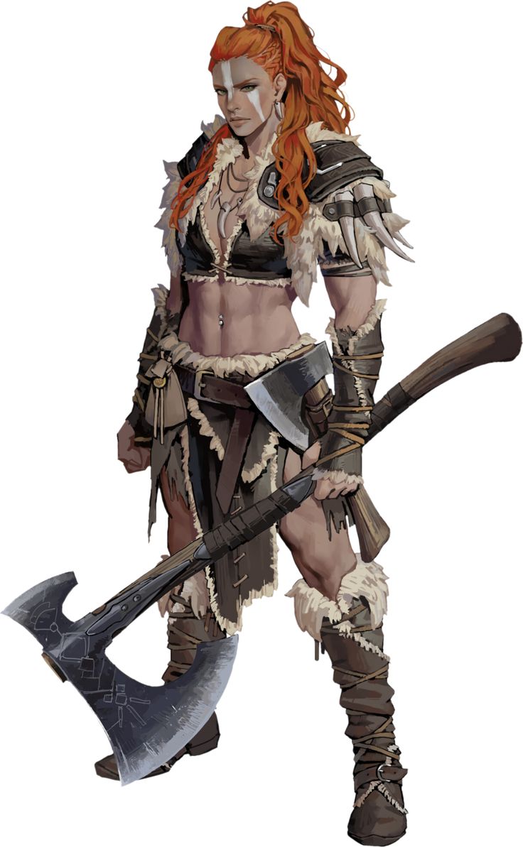 a full shot of a female barbarian warrior with red hair in a high ponytail, white stripes on her face, fair skin, wearing fur and leather armor, with bare midriff and a navel piercing, holding two axes. she has scars on her body, and wears a necklace made of teeth. she is standing looking ahead.