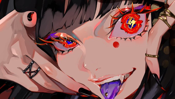 a closeup portrait of an anime girl with red and black eyes, a purple tongue sticking out, wearing jewelry and black clothing. the image is stylized and colorful with a dark, mysterious mood.