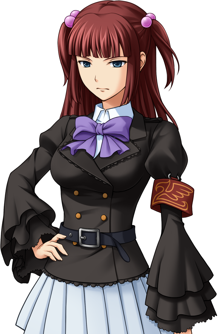 he image shows a digital drawing of an animestyle girl. she has long, dark red hair styled in pigtails with small purple hair clips.  she's wearing a darkcolored, doublebreasted jacket with ruffled cuffs over a light blue pleated skirt. a purple bow adorns her collar and she has a black belt around her waist. on her right arm (viewer's left) is a redorange armband with decorative markings. the background is plain black. her expression is serious and somewhat stern. the overall style is reminiscent of visual novel or anime game character art.