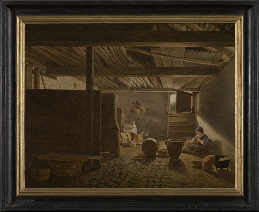 an oil painting depicts the interior of a rustic barn. a woman is sitting on the floor, spinning thread, surrounded by various pieces of pottery. light streams in through a window, casting long shadows across the cobblestone floor. the barn's wooden structure and aged appearance add to the rustic charm. the painting is framed in a dark wooden frame with a thin gold inner border.