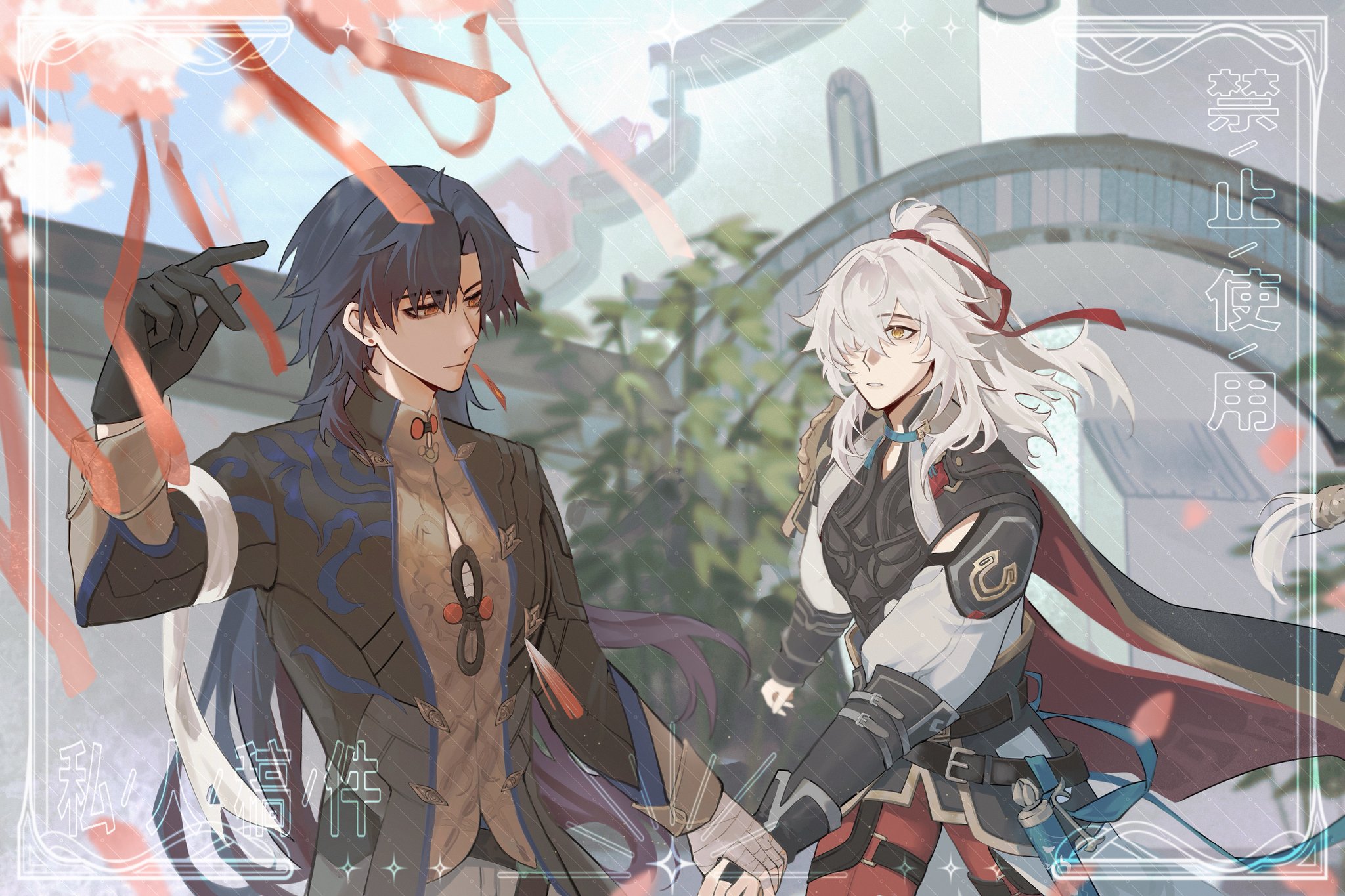 this is a digital illustration of two anime characters, xiao and albedo from the game genshin impact, standing outside in a garden. xiao, a male character with long black hair and a black and gold outfit, is smiling and looking at albedo. albedo, a male character with long white hair and a white and black outfit, is also smiling and looking at xiao. both of them are wearing traditionalinspired clothes and are holding hands. the background features a light rain shower, petals falling from the trees, and an ornate building with a bridge. the illustration appears to depict a romantic moment between the two characters, with the overall tone being happy and affectionate.