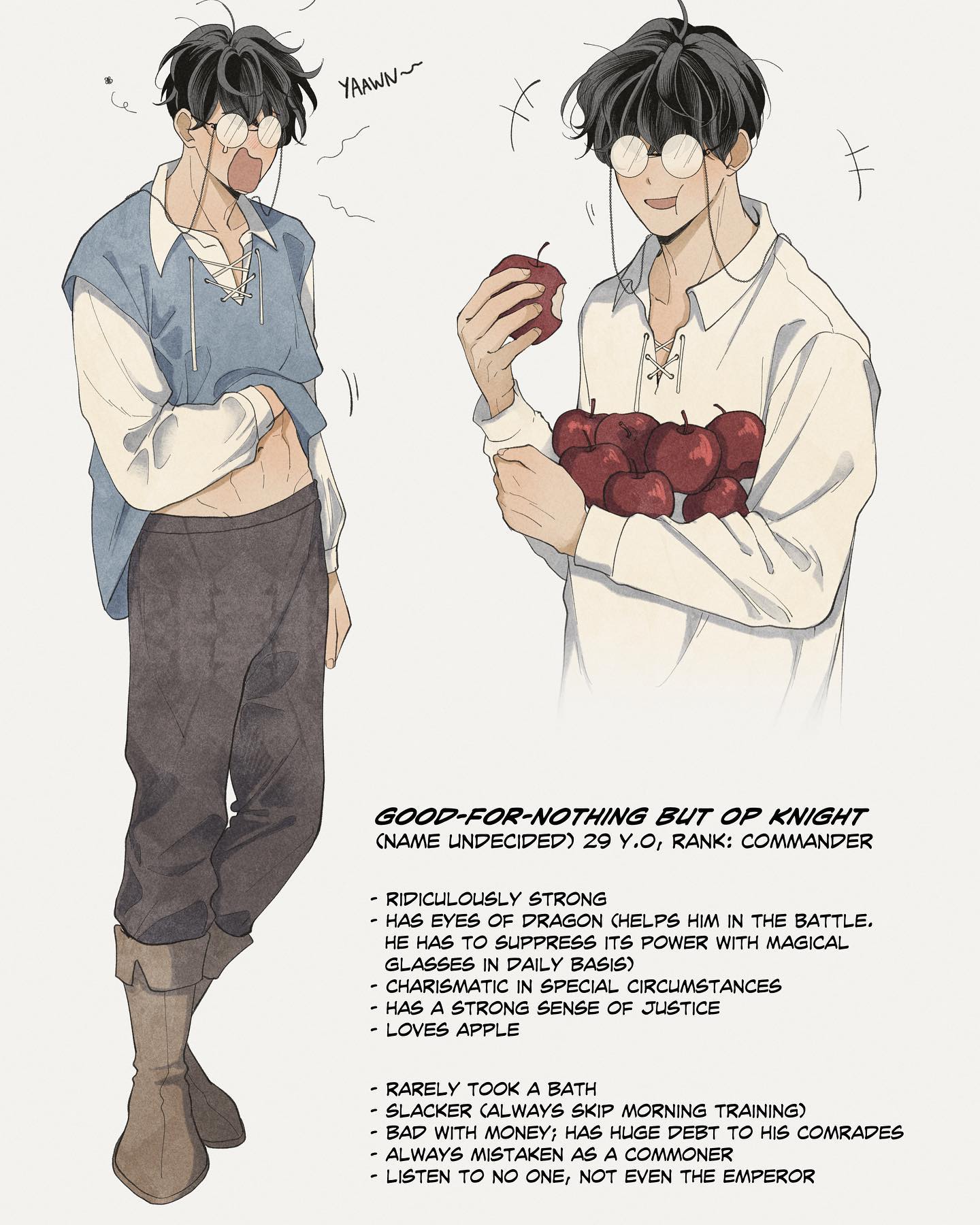 the image shows a cartoon illustration of a knight with a sword and shield, but it also shows him eating an apple in a lazy manner. the image also contains text boxes that explain the knight's personality and abilities. he is described as being a powerful and strong knight, but he is also lazy and has a huge debt. he is a commoner who is mistaken as a commoner and no one listens to him, even the emperor.