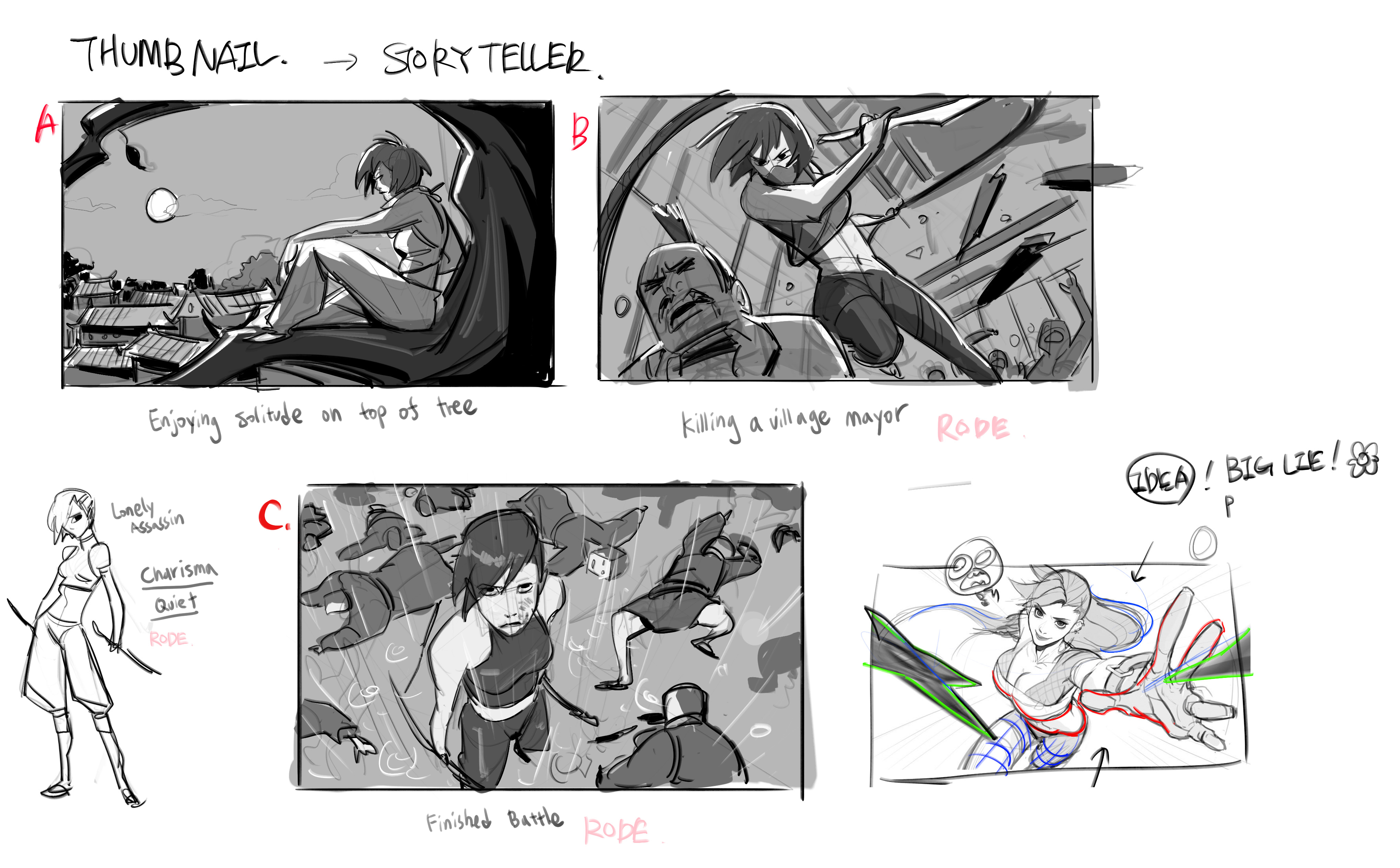 the image is a collection of storyboard sketches and character design notes for an animated project.  the sketches depict a female assassin character at various stages: enjoying solitude on a rooftop (a), killing a village mayor (b), engaging in a climactic battle (c), and a final, more dynamic action pose involving deception (d). the style is reminiscent of anime or manga, with dynamic action poses and expressive character designs.  there are written notes that provide context about the character's personality ("lonely assassin, charisma, quiet"), the story ("enjoying solitude…", "killing a village mayor…", "finished battle"), and directorial notes.  overall, the sketches show a progression from thumbnail ideas to more detailed storyboarding and character development.