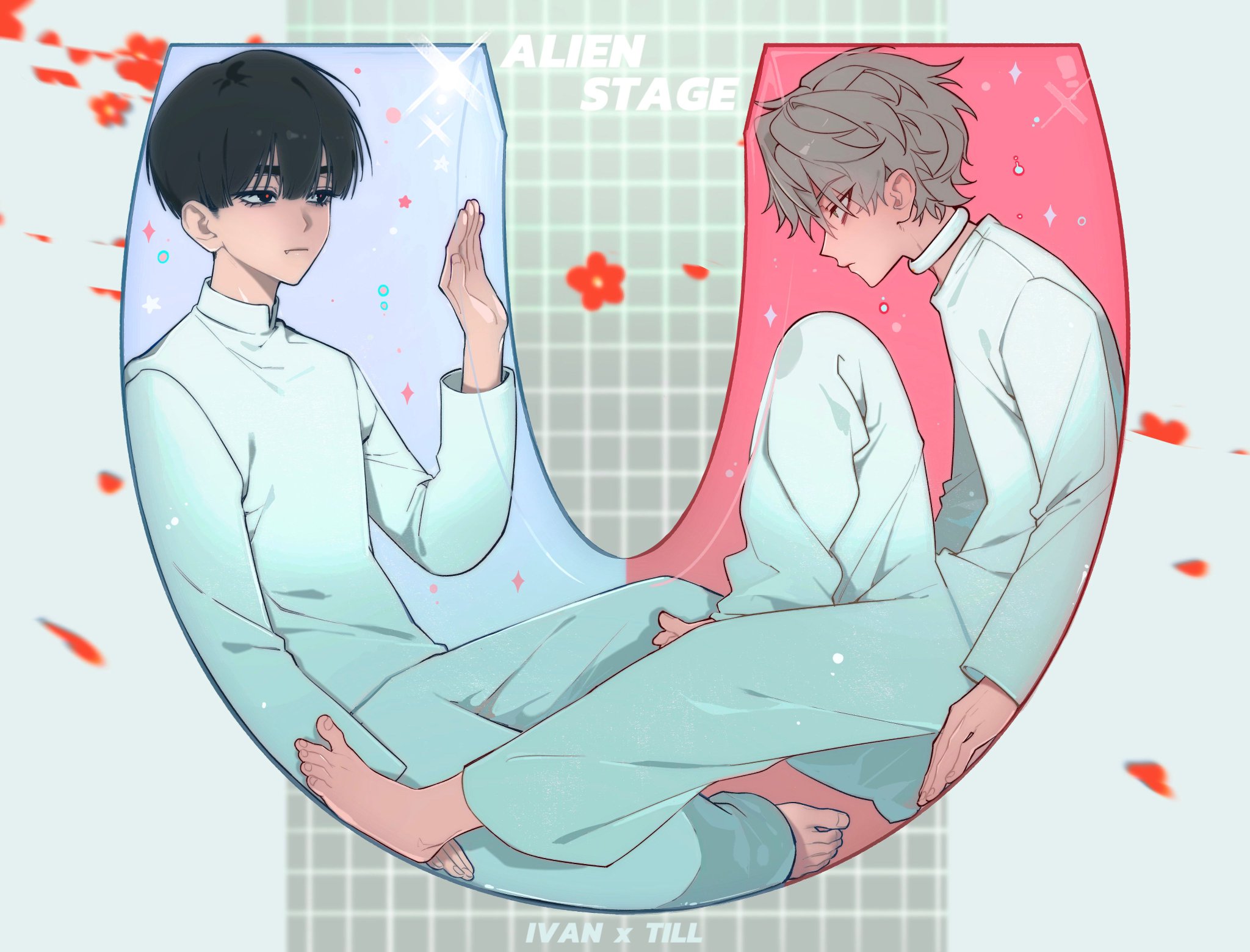 two anime boys are sitting in a ushaped glass tube back to back. the one on the left side has black hair, blue eyes, and is wearing a white shirt and pants. the one on the right side has grey hair, blue eyes, and is wearing a white shirt and pants. they are both looking down at the floor. the background is a red and white checkered pattern. the word "alien stage" is written on the top of the glass tube. the image is a fan art of the alien stage, a fictional group from a popular anime.