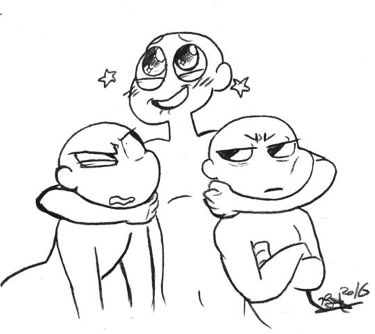 this is a drawing base that can be used to draw different characters and scenarios. it features three cartoon characters. the first character is a happy and bubbly character who is smiling and looking at the second character who is hugging them. the second character is a grumpy character who is angry and looking away. the third character is standing behind the second character and has their arms crossed and looks like they are jealous.