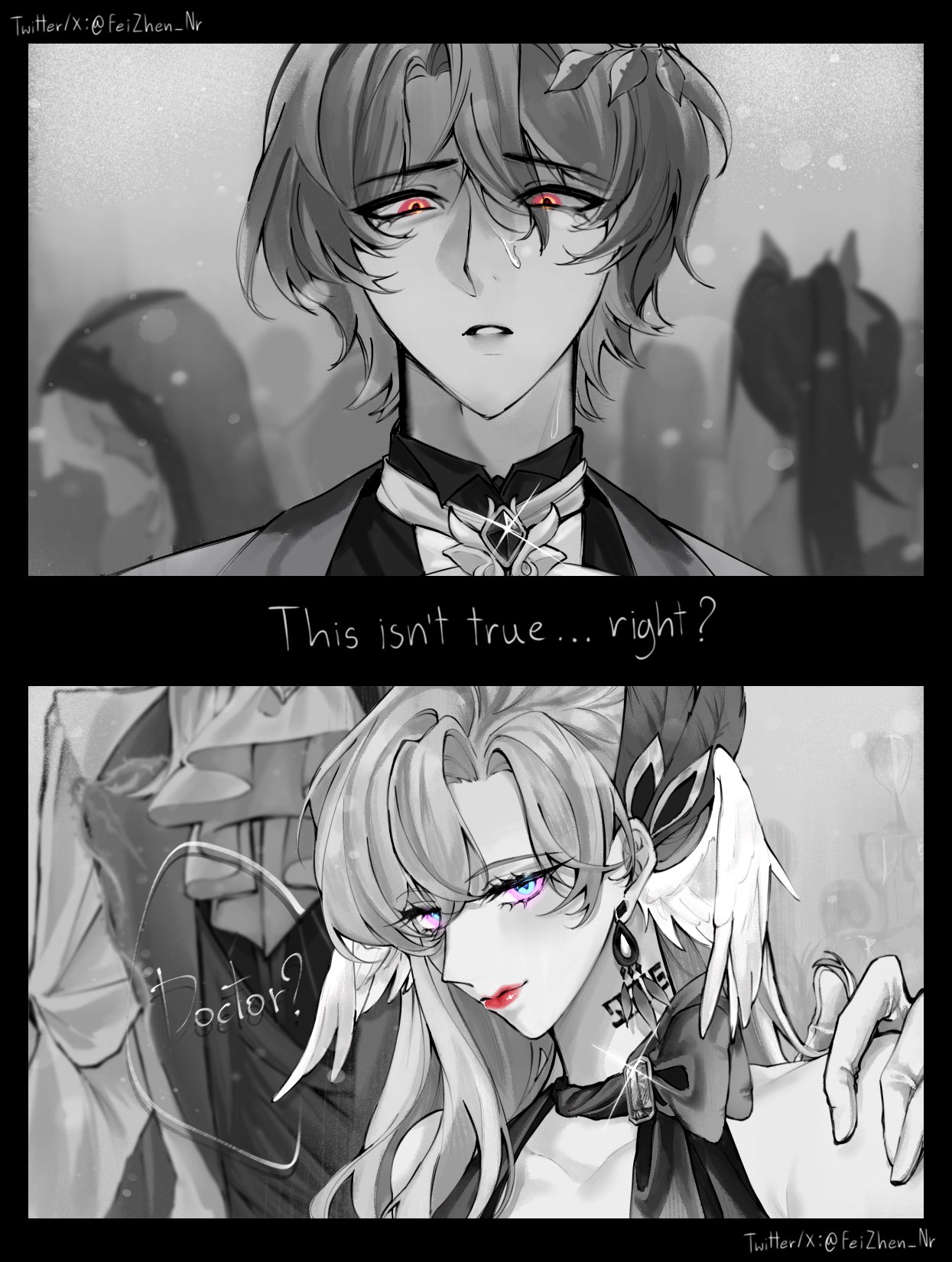the image is a digital illustration of two anime characters. the characters are in a black and white setting with only their eyes colored in. the male character is crying and appears to be in emotional distress. he says, "this isn't true... right?" with a sad and doubtful expression. the female character has a fierce look on her face with a red lipstick and her eyes are colored in blue. she is holding onto the male character's shoulder. the image has a romantic and dramatic theme, suggesting a relationship gone wrong. the background is mostly obscured, but it appears to be a hospital setting with some other figures behind the characters. the image evokes feelings of sadness and heartbreak, leaving the viewer to speculate about the characters' story.