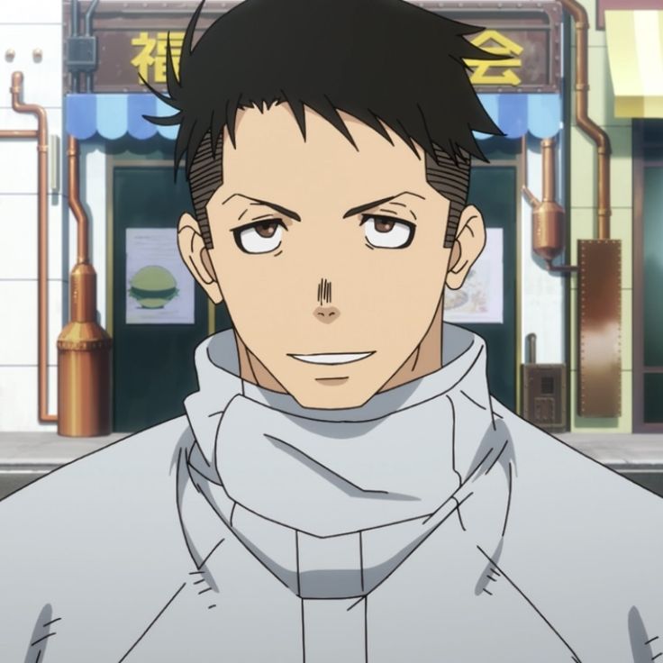 a closeup shot of a male anime character with black hair. he is looking to the side with a smile on his face. he is wearing a white suit with a turtleneck collar. the background of the image is a colorful building with a blue sign and brown pipes.