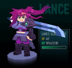 a pixel art depiction of a female warrior with long flowing purple hair, wielding a large blue sword. she is wearing armor and a purple outfit.  the background is dark and there is a status bar displaying the character's information.