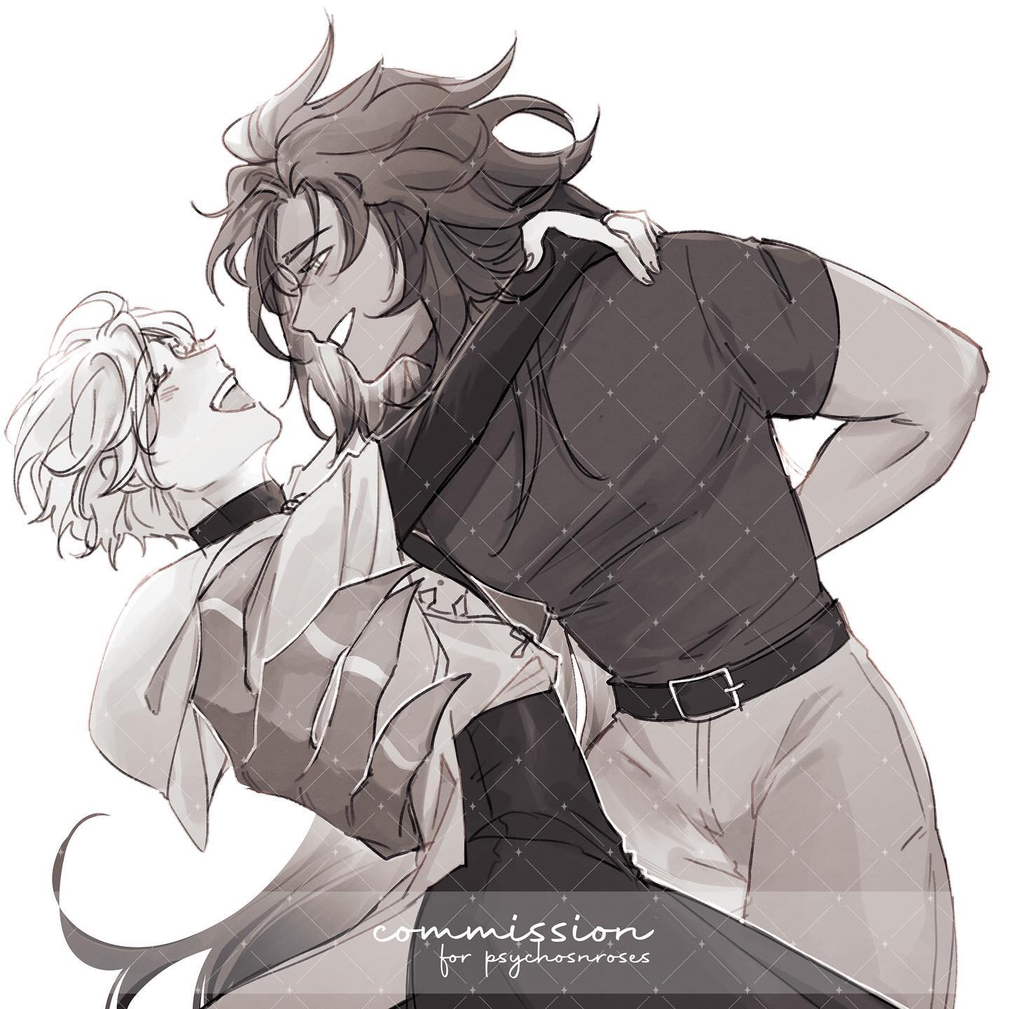 a black and white sketch depicting two men dancing closely, seemingly caught midmovement with joyful expressions. the artist's signature and the commissioner's username are subtly placed at the bottom of the artwork.