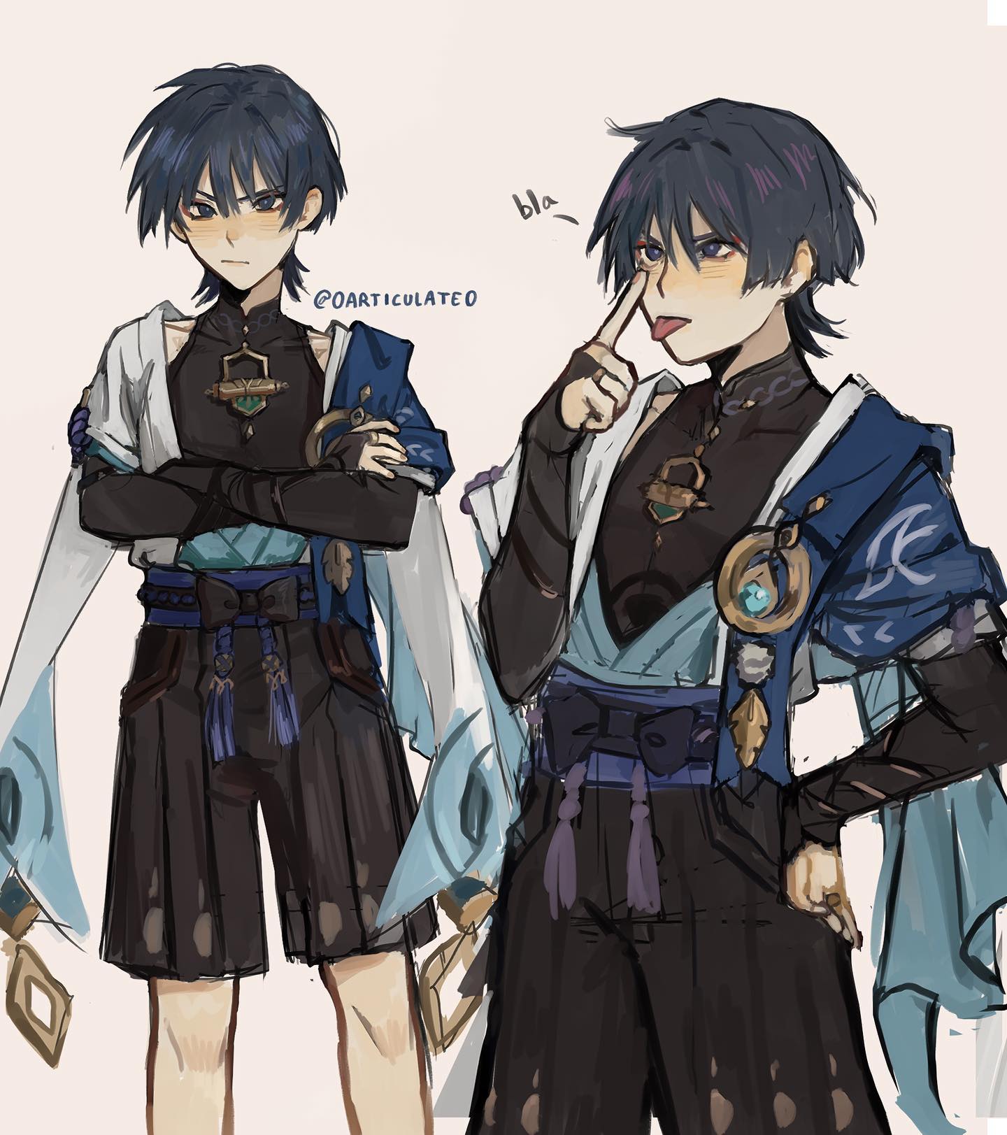 the image contains a digital drawing or painting of a young male anime character in two different poses.  the character has dark blue hair, pale skin, and is dressed in an elegant, flowing outfit inspired by east asian clothing styles, predominantly blue and black with gold accents.  the clothing features long sleeves, layered fabrics, and noticeable jewelry.  in one pose, the character stands with his arms crossed, looking serious; in the other, he's playfully touching his nose and making a slightly silly face. the art style is reminiscent of anime and manga, possibly fanart from a game like genshin impact.  the background is plain and lightcolored, drawing focus to the character. the overall style is clean yet expressive.