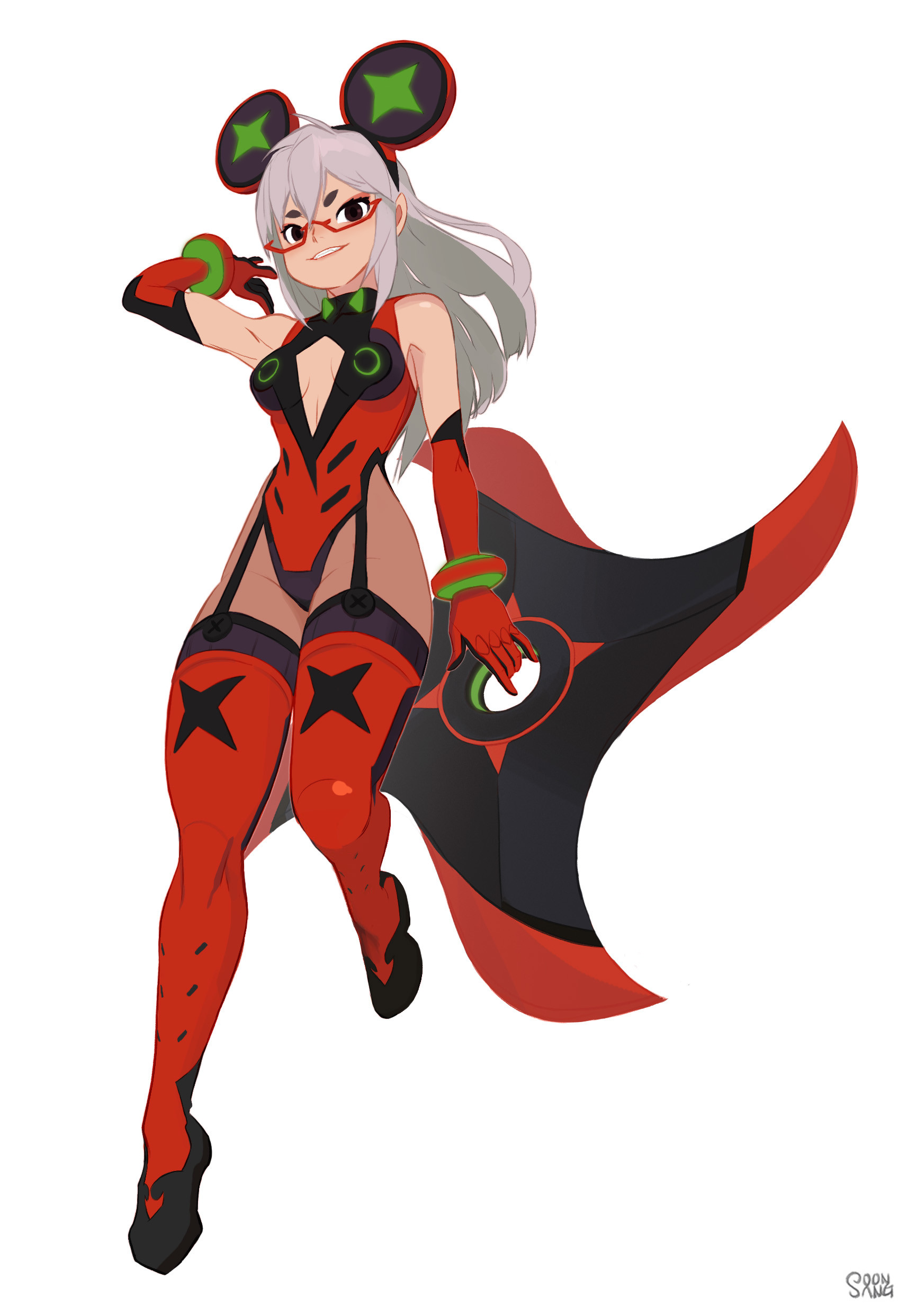 the image showcases a female character with a futuristic, potentially cyberpunkinspired design. she sports a predominantly red and black bodysuit with green accents, complemented by matching gloves and thigh highs. her footwear resembles sleek boots, and a flowing cape with a unique design element adds a dynamic aspect to her silhouette. her white hair is adorned with green and black accessories, and she wears glasses.  the pose suggests confidence and agility, further hinting at her potentially actionoriented nature. the character is set against a simple white background, allowing her vibrant design to take center stage. the overall aesthetic blends elements of anime and video game art, suggesting she could belong to either or both realms.