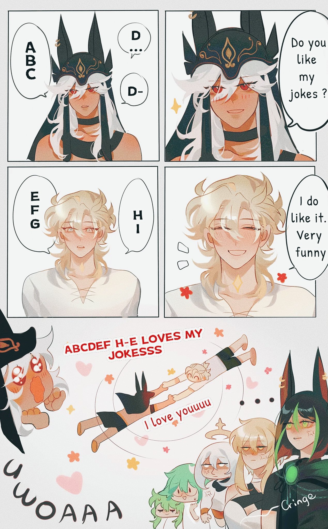 his is a digital fanart comic featuring genshin impact characters albedo and xiao. the comic uses a cute chibi style and depicts a humorous interaction between them. albedo tells jokes, indicated by the letters ai, and xiao's reactions are shown. in the final panel, several characters, including albedo and xiao, express their affection for each other in a playful manner. the art style is bright and colorful.