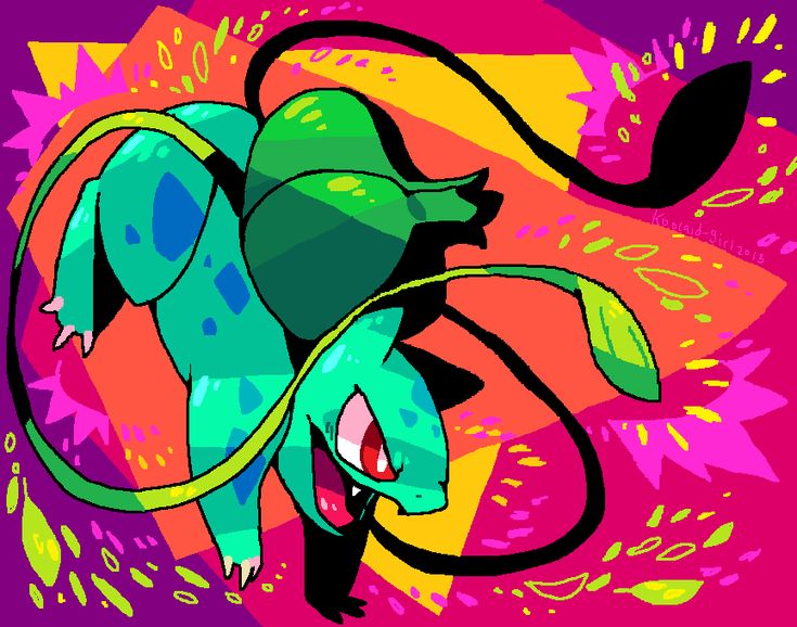 the image is a vibrant and stylized piece of fanart depicting venusaur, a pokémon. the art style is heavily influenced by pop art and graphic design, utilizing bold, neon colors and strong outlines. venusaur is depicted in a dynamic pose, its features exaggerated and almost cartoonish. the background is an abstract swirl of color and shapes, contributing to the overall energetic feel. the lines are thick and confident, while the colors are bright and almost clashing, creating a visually exciting piece.  the overall style suggests a blend of manga/anime influences with a more western pop art sensibility.