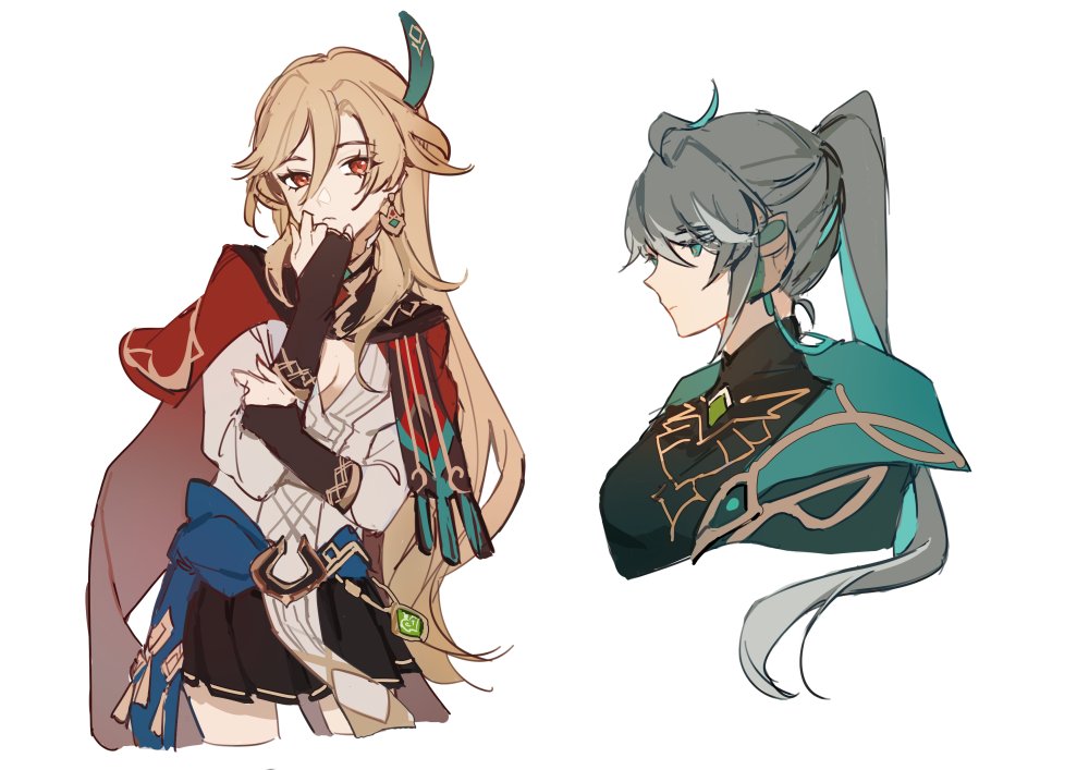 two anime characters are drawn side by side on a white background. one character has long blonde hair in a ponytail and is wearing a red cloak with a blue sash. the other character has long silver hair and is wearing a teal top and teal hair tie. both characters are facing the right side of the image.