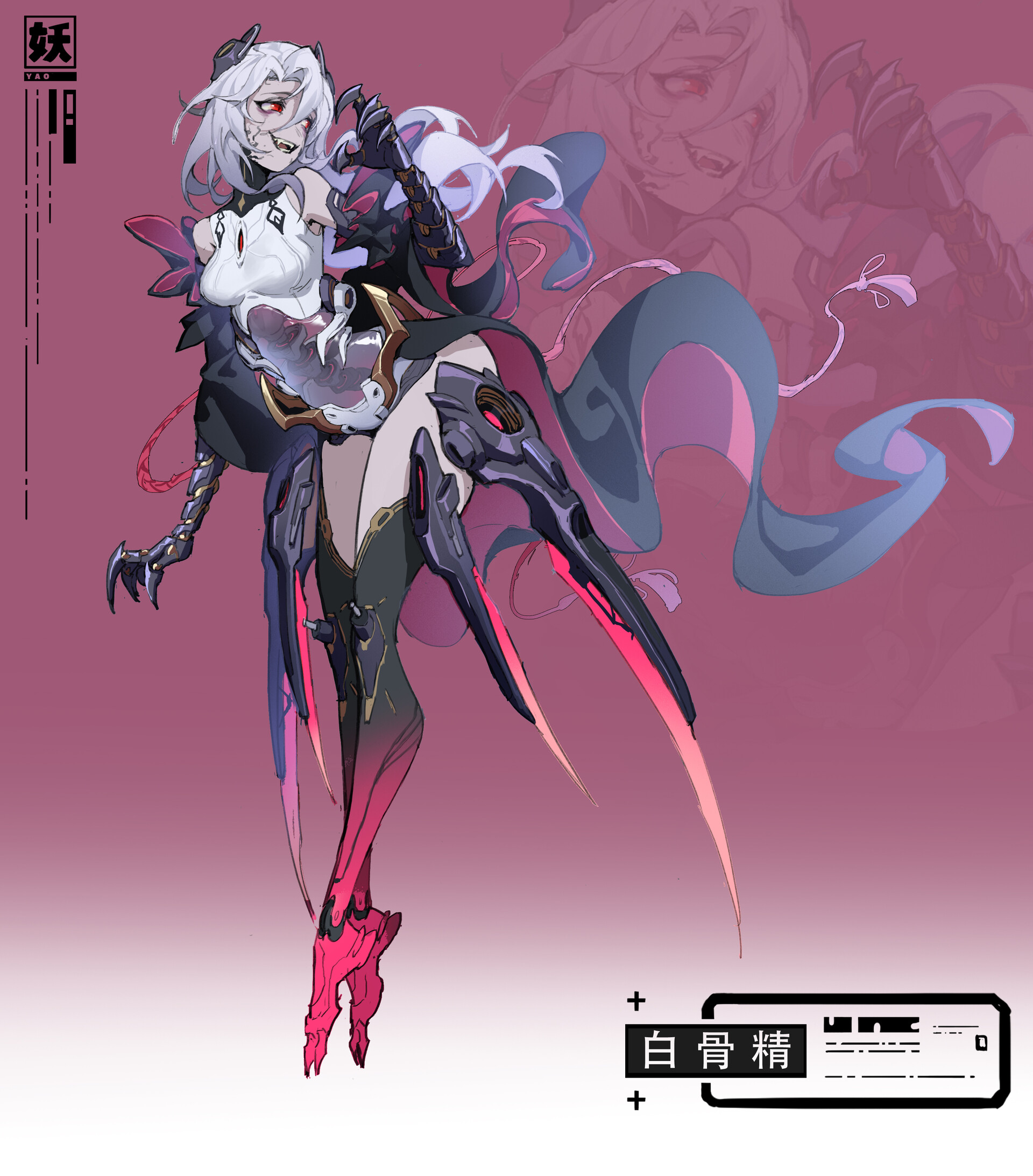 a digital illustration features a fantastical animestyle character with white hair and a demonic appearance. she has red eyes and sharp teeth, and is clad in black clothing with pink accents. she is a monster girl cyborg and appears to be a digital character design. the character has sharp claws on her hands and feet, adding to the fantastical and scifi elements of the image.