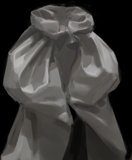 a digitally painted illustration of a piece of white fabric draped and crumpled over a black background. the fabric is depicted in a soft, flowing manner with many folds and wrinkles. the painting is monochromatic, with a subtle hint of gray, and it highlights the texture and shape of the fabric. the image is abstract and minimal, with no identifiable object or figure within the composition.  it conveys a sense of elegance, grace, and fluidity.