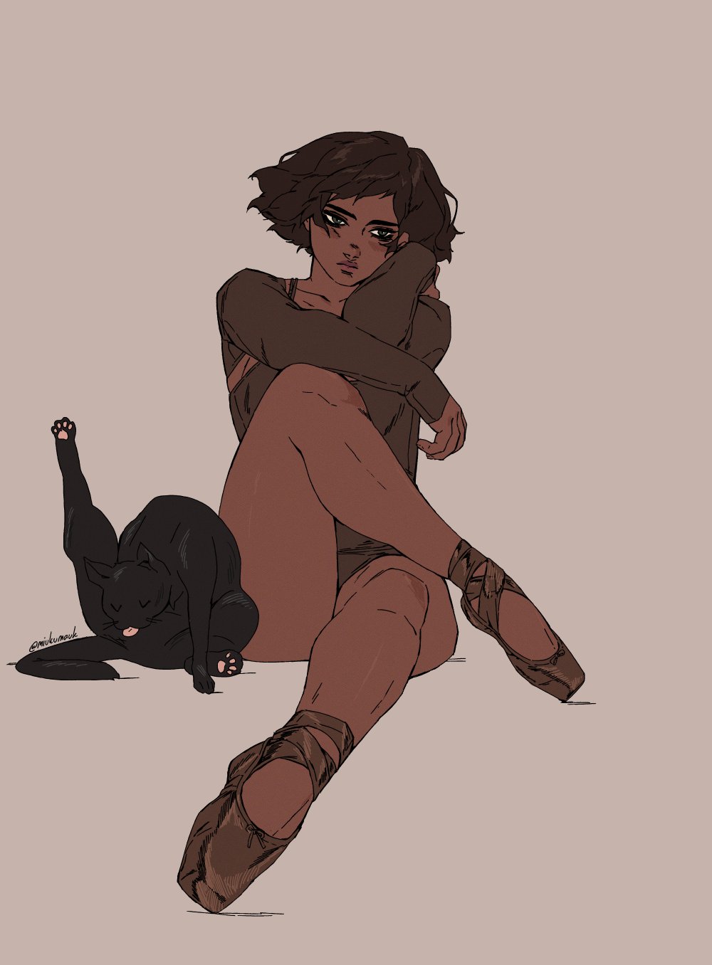a sadlooking young woman with brown hair is sitting with her arms crossed in a brown leotard with a cat lying on the ground at her feet. the woman is wearing brown ballet slippers and has her left leg stretched out, the other foot is bent. she looks sad and lonely. the cat is black and looks relaxed.