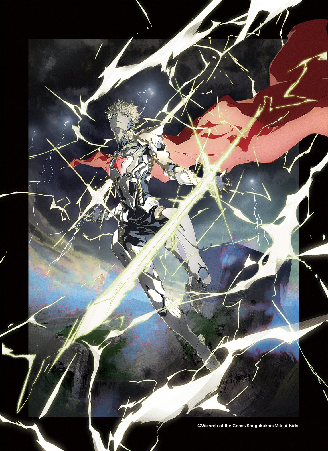 an animestyle illustration features a male character wearing futuristic armor with a red cape flowing behind him. he has blonde hair and piercing red eyes. he wields a glowing sword, and crackling lightning surrounds him. the background is a blend of dark stormy skies and a hint of landscape. the illustration includes copyright information at the bottom indicating it's associated with wizards of the coast, shogakukan, and mitsuikids.