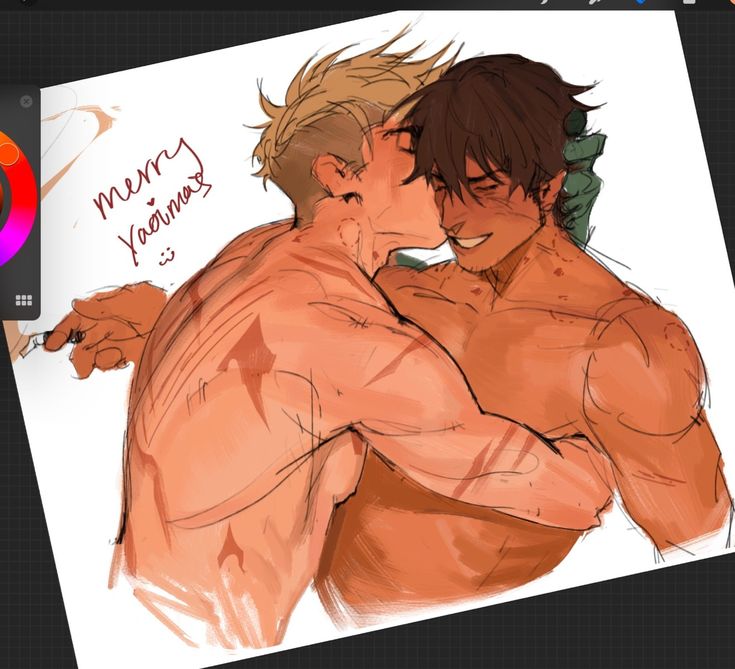 the image is a digital fanart piece depicting two muscular men embracing affectionately. one man has blond hair and the other has brown hair. both have visible scars on their torsos and backs, adding a sense of history or hardship to their characters. the men are shirtless and are hugging closely, with one leaning down to kiss the other on the cheek. the drawing style is loose and painterly, with visible brushstrokes, and shows a romantic and intimate scene between the two characters. the words "merry yaoimas" are written in cursive on the paper. a digital art palette is visible in the upper left corner, suggesting the image is a workinprogress. the overall atmosphere is warm, romantic and celebratory.
