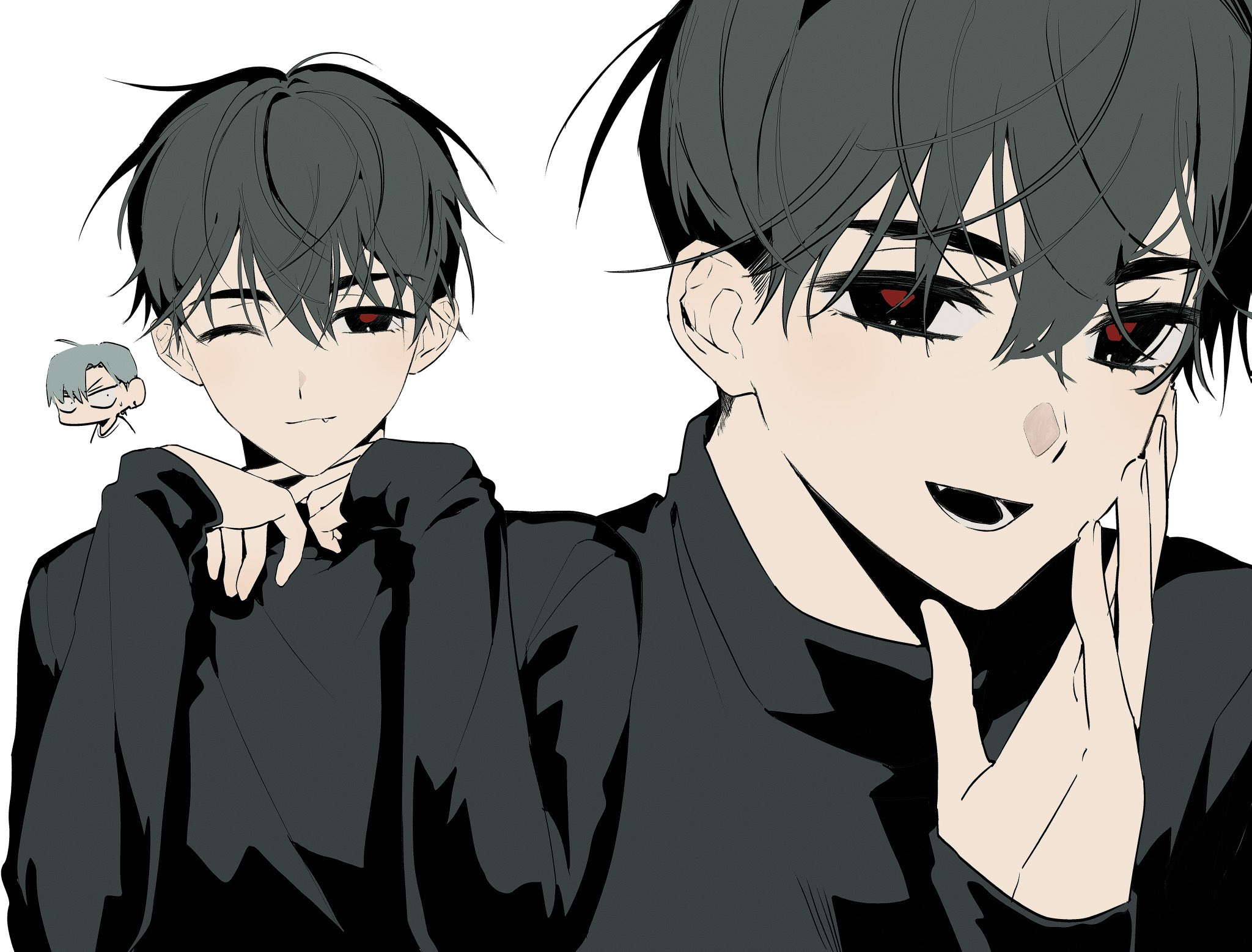 the image is an illustration of a young anime boy with black hair and red eyes. he is smiling and looking at the viewer. he is wearing a black turtleneck. the drawing style is cute and handsome.  the background is a simple white background.  the image is a digital illustration.