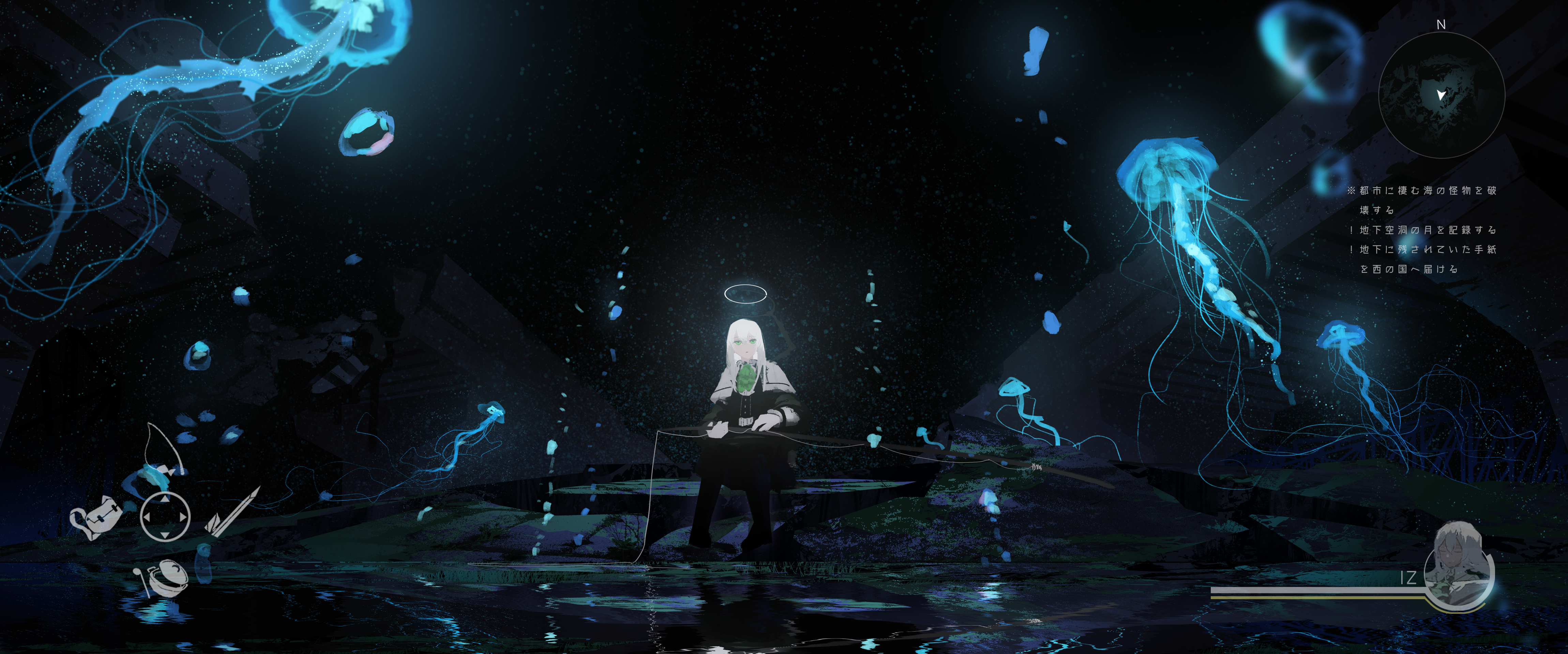 he image is a digital artwork or screenshot from a video game, depicting a young anime girl with long white hair sitting on a rock by a dark body of water, fishing.  the scene is dark and mystical, filled with glowing blue jellyfish of various sizes. the water reflects the ethereal glow of the jellyfish and the surrounding environment. there is a user interface (ui) element at the bottom showing a character name (iz) and gamerelated text in japanese. the scene evokes a sense of fantasy and tranquility, suggesting a magical or otherworldly setting.  the style is reminiscent of anime and digital painting, with a focus on atmospheric lighting and a detailed, moody environment.