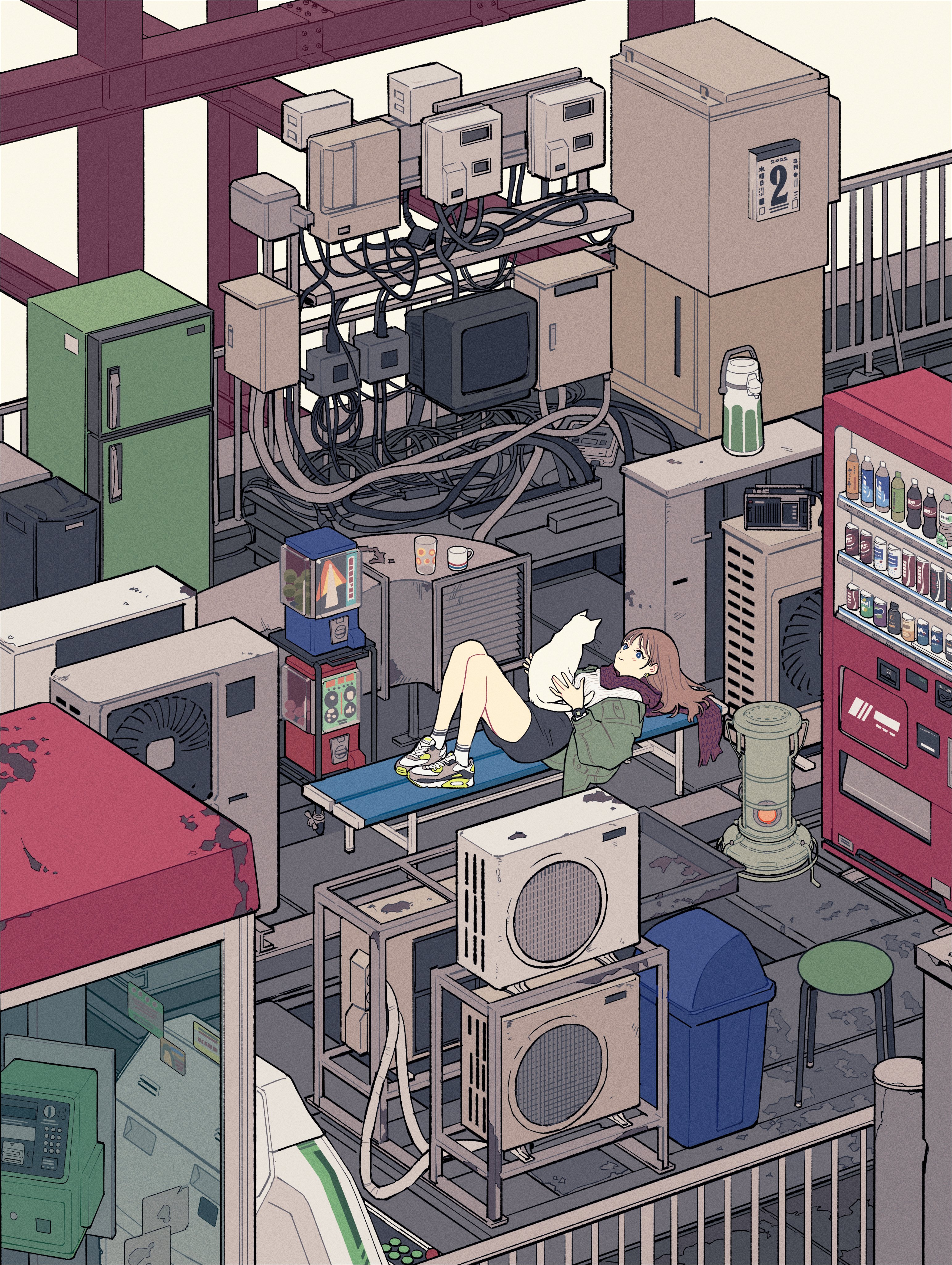 he image is a digital illustration in an anime/manga style, depicting a young girl sitting on a bench amidst a cluttered array of urban japanese equipment.  the scene is highly detailed, with various elements such as vending machines, air conditioners, electrical boxes, a telephone booth, and a plethora of wires and cables filling the frame. the overall color palette is muted and pastel. the perspective is isometric, providing a unique view of the scene. the girl appears relaxed and calm, possibly taking a break amidst the busy environment.  the overall atmosphere is one of quiet serenity amidst the urban clutter.