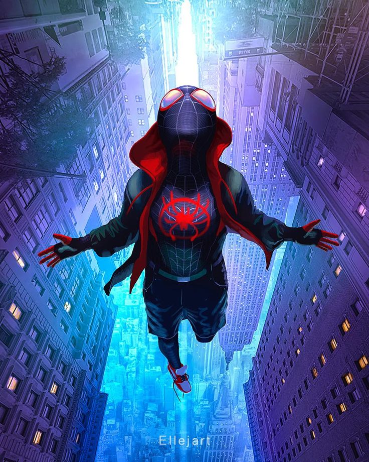 this is a digital illustration featuring miles morales, aka spiderman. he is seen midair against a background of skyscrapers in new york city. he is posed in a dynamic action pose with arms outstretched and his mask on, showing his iconic spiderman suit. the image is in a vibrant color palette with a bright blue and purple color scheme representing the lights of the city at night. the whole image has a sense of energy and movement, making it visually striking.