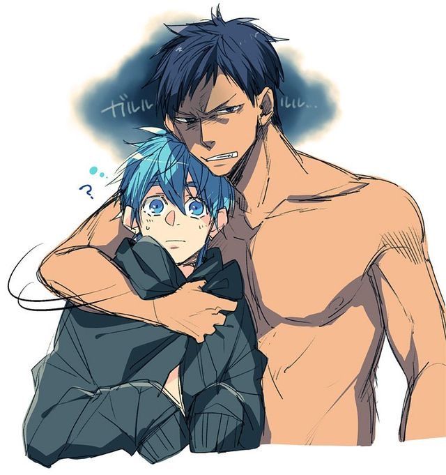 the image is a fanart depicting kuroko tetsuya and aomine daiki from the anime series kuroko no basuke.  aomine is shirtless and has his arm around a visibly scared and worried kuroko, who is bundled up in a dark jacket.  aomine appears angry or tense, while kuroko looks frightened. the style is a loose, sketchy mangastyle drawing. japanese text is visible in the background, likely representing onomatopoeia or dialogue. the overall mood suggests a complex and potentially intimate relationship between the two characters.